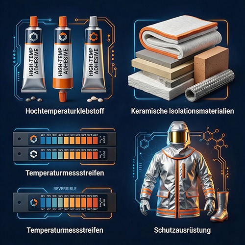 Kager Produktübersicht: Hochtemperaturklebstoff, Isolationsmaterialien, Temperaturmessstreifen und Schutzausrüstung